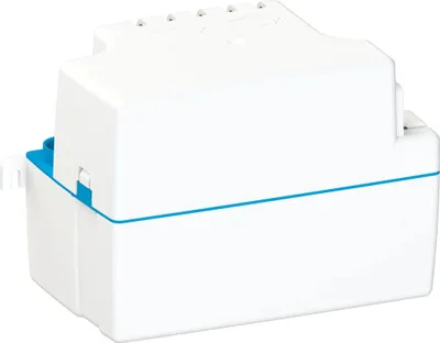 A white condensate pump with blue accents, shown from a diagonal angle against a white background.