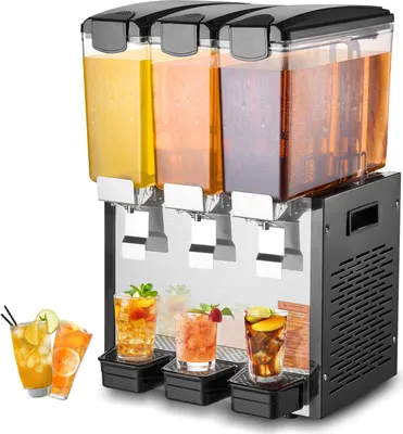 Immagine prodotto di Distributore commerciale di bevande VEVOR con 3 serbatoi, distributore di succhi di frutta da 10 litri (per serbatoio), distributore di tè freddo in acciaio inox da 440 W con temperatura di raffreddamento di 7-12 °C, per bevande fredde in ristoranti, bar e feste