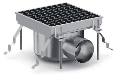 A stainless steel floor drain with a solar panel on top, shown from a slightly elevated angle against a white background.