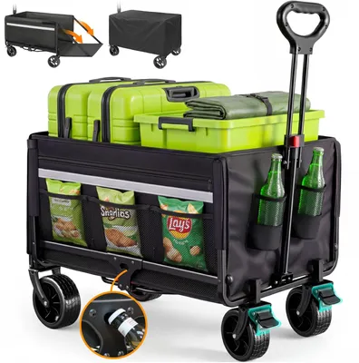 Produktbild von Faltbarer Bollerwagen Handwagen bis 150 kg – Strandwagen mit Dach, 120 L+ Volumen, Campingwagen mit Reflektorstreifen