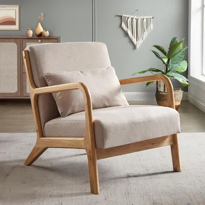 Produktbild von Skandinavischer Vintage-Sessel MARIE aus beigem Leinen und Holz