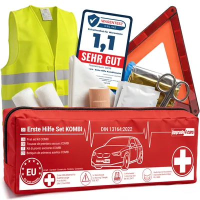 Image de Upgrade4cars : Trousse de premiers secours pour automobile, conforme à la norme DIN 13164, valable dans toute l'Europe. Contient un triangle de signalisation, un gilet de sécurité, une trousse de premiers secours, un kit de dépannage, des accessoires pour les accidents et un pansement