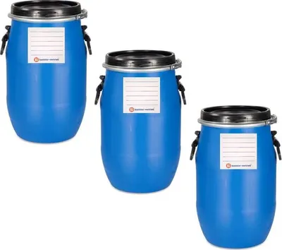 Produktbild von kanister-vertrieb® 3 Stück 30 Liter Deckelfass, Kunststofffass, Futtertonne, Fass, Plastikfass Farbe blau inkl. Etikett (3 x 30 D)