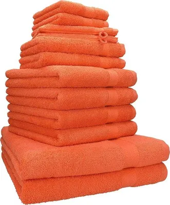 Zdjęcie produktu dla Zestaw 12 ręczników Unyqoos® wykonanych w 100% z bawełny – kolor pomarańczowy, składający się z: 2 dużych ręczników kąpielowych, 4 ręczników, 2 małych ręczników do rąk, 2 myjek i 2 gąbek
