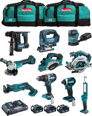 Produktbild von MAKITA Kit MK1004 (DHP484+ DTD154+ DHR171+ DGA504+ DJR183+ DBO180+ DJV182+ DHS680+ DML801+ DKP180+ 3x5,0Ah + DC18RD+ 2xLXT600)