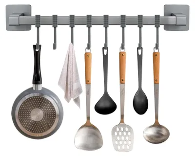 Produktbild von Hakenleiste für die Küche ohne Bohren, Küchenutensilienhalter mit 8 beweglichen Haken, 40 cm abnehmbare selbstklebende Hakenleiste für die Aufbewahrung in Küche und Badezimmer (Grau)