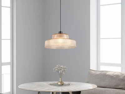 Produktbild von Retro Style LED Hängelampe einflammig mit Rillenschliff Glasschirm Amber, Ø 35cm