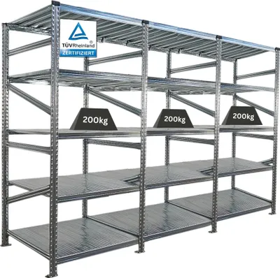 Produktbild von Fachbodenregal PROXIMO mit  Stecksystem | Komplettregal | HxBxT 200x270x80cm | 5 Ebenen | Fachlast 200 kg | Beidseitig nutzbar | Verzinkt