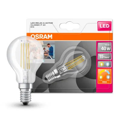A product package for an Osram LED light bulb, showing the packaging and a transparent overlay of the bulb itself.