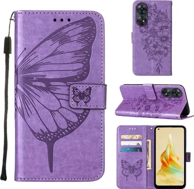 Produktbild von Lederhülle für OPPO Reno8 T 4G Schmetterling Prägung Flip Ledertasche Kartenfächer Handyhülle mit Ständer Violett