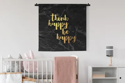 Produktbild von MuchoWow® Wandteppich Wandbehang Zitat - Glücklich - Gold - Marmor 90x90 cm Tapisserie Dekoration Wandtuch - Wandaufhänger
