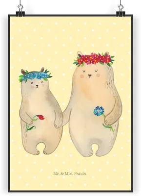 Produktbild von Mr. & Mrs. Panda Bild Bären mit Blumenkranz DIN A3 - Gelb Pastell - Geschenk, Wandbild, Family, Kinder, Kunstdruck, Mutter, Muttertag, Deko, wanddeko, drucke, Mama