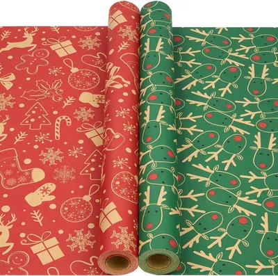 Productafbeelding van Cadeaupapier op rol - Feestelijk designpapier - Cadeaus inpakken - 100% recyclebaar kraft - 2 rollen 43 x 12m