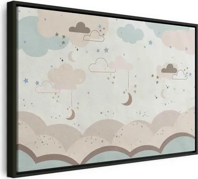 Produktbild von Italienischer Leinwand Leinwandbild - Cloudy Night Sky - Moons in Brown and Beige Hues Among Clouds and Numerous Little Stars on a Light Background 90x60 cm Für Kinder e-C-10063-b-a
