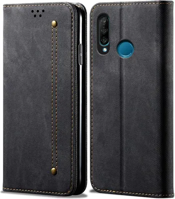 A black flip-style phone case for a Huawei P30 Lite is shown from the front and side.