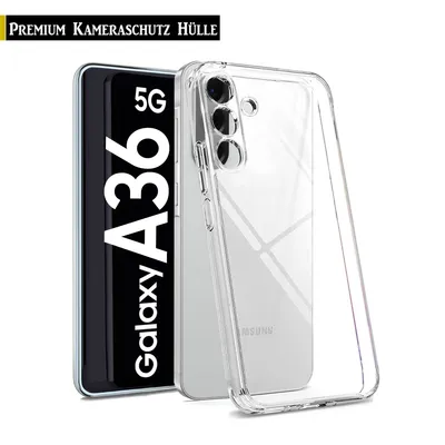 A transparent phone case is shown next to a Samsung Galaxy A36 5G phone.