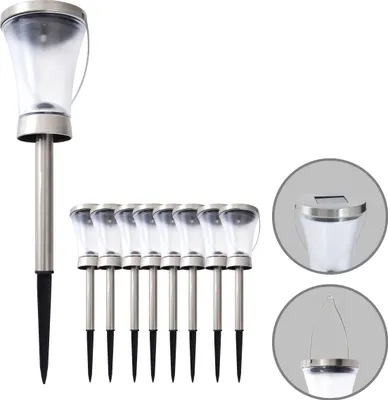 Produktbild von Näve Leuchten 8er-Set Solarleuchte "VERONICA" H: 39,5cm 8er-Set Solarleuchte "VERONICA" H: 39,5cm 8er-Set Solarleuchte "VERONICA" H: 39,5cm, Lampe für den Außenbereich im Modern-Style, aus Metall und Kunststoff in stahl-blank, 39,5 cm hoch, Ø 9 cm, LED Platine – mit Schiebeschalter – Dämmerungssensor