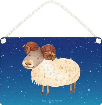 Produktbild von Mr. & Mrs. Panda Schild Sternzeichen Widder DIN A4 - Sternenhimmel Blau - Geschenk, Geburtstag April, Türschild, März, Wandbild Holz, Schafbock, Holzschild, Bock