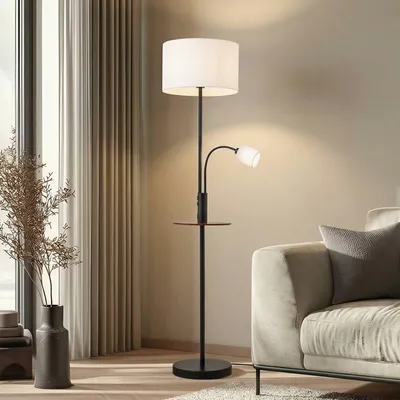 Produktbild von Lindby Stehlampe Aovan, schwarz, Ablage, USB-Anschluss