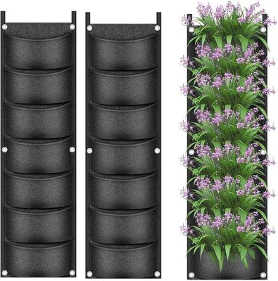 Produktbild von Famanu Hängende Pflanzentasche - Set von 2 - Mit 7 Fächern - Atmungsaktiver Vliesstoff - Schwarz