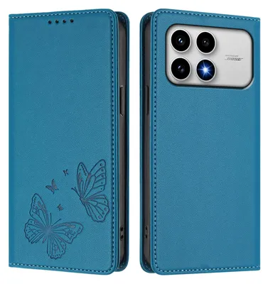 Image de Étui en cuir pour Xiaomi Poco F8 Pro/Redmi K90, étui de protection type portefeuille en cuir gaufré « papillon » avec support, bleu