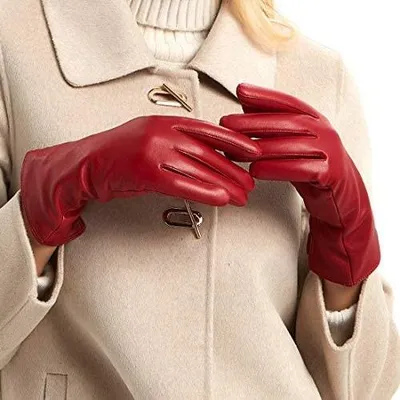 Imagen del producto de Guantes de cuero para mujer de alta calidad, forrados con cachemira, color rojo