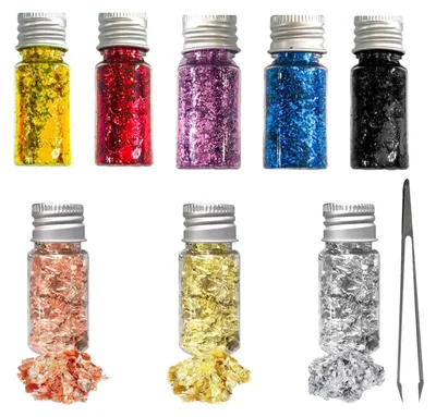 Immagine prodotto di Set di scaglie decorative in foglia d'oro, 8 flaconi con pinzette, fogli colorati per artigianato e nail art