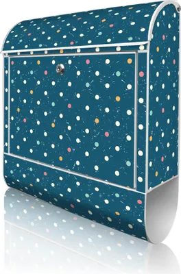 Produktbild von banjado Design Briefkasten Stahl weiß mit Zeitungsfach pulverbeschichtet "Punkte auf Blau" 38x46x12,5cm & 2 Schlüssel - Postkasten A4 Einwurf inkl. Montagematerial [BKW 11681]