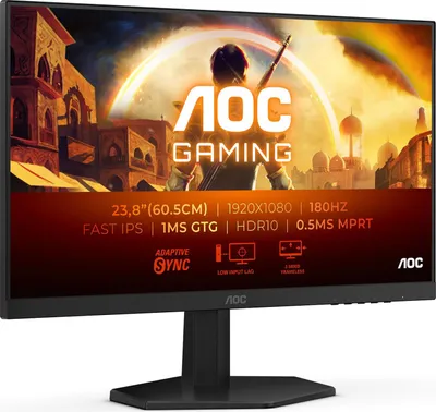 A promotional image for an AOC gaming monitor, displaying its specifications and features.