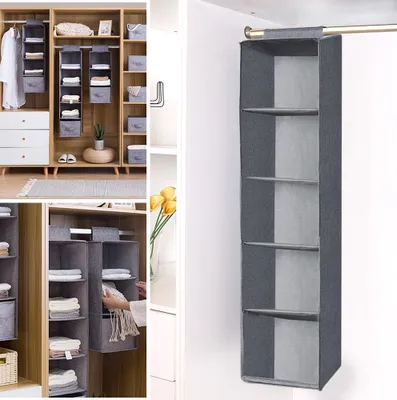 Image de Organiseur suspendu en tissu Casier Organisateur de placard Rangement suspendu Étagère suspendue Penderie Organiseur gris, 5 compartiments, 100*27*27cm
