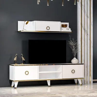 Immagine prodotto di HOMIDEA Sophia: Mobile TV a basso profilo, mobile TV, parete attrezzata con 2 ante e mensole a parete, design lucido (bianco)