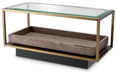 Immagine prodotto di Tavolino Casa Padrino ottone / grigio / nero 90 x 42 x h. 44 cm - Tavolo da soggiorno rettangolare con piano in vetro - Tavolo da hotel - Mobili da soggiorno - Mobili per hotel - Mobili