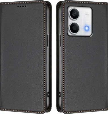 Image de Étui en cuir pour Xiaomi Redmi Note 13 5G, étui à rabat magnétique en cuirPolyuréthaneavec support, noir