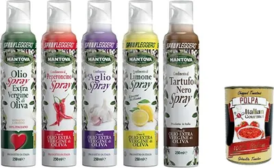 Produktbild von SPRAYLEGGERO Mantova SET (5x200 ml): Natives Olivenöl Extra und Aromatisiert mit Knoblauch, Zitrone, Chili, Schwarzem Trüffel+Polpa 400g