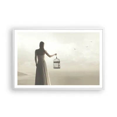 Produktbild von Gerahmtes Poster - Weißer Rahmen - Frau Käfig Vogel - 91,5x61 cm - Wand Bild - Wanddeko - Wandbilder - Kunstposter - Wandposter - Bilderrahmen - Bilder - Kunstdruck - Wanddekoration - P2WAA91x61-4787