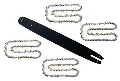 A black chainsaw bar and four silver chainsaw chains are arranged on a white background.