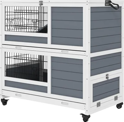 Image de PawHut Clapier en bois d'intšŠrieur, cage š€ lapin sur roulettes š€ 2 niveaux avec 2 plateaux coulissants, porte verrouillable, mangeoire, 90 x 53 x 97 cm, gris