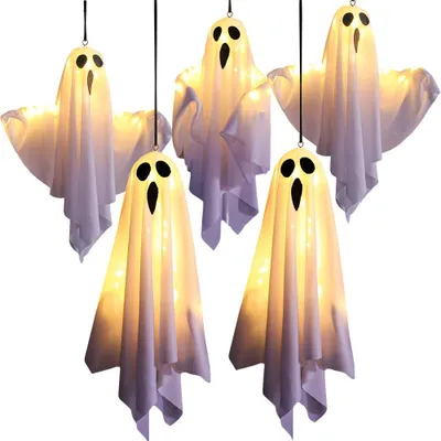Image de 5pcs Décoration Halloween Extérieur, 50cm Sac à vent Fantôme Suspendu Avec Guirlande Lumineuse, LED Scream Fantôme Volant Noël Jardin Fête Décoration