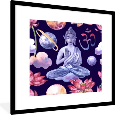 Produktbild von MuchoWow® MuchoWow® Gerahmtes Poster Buddha - Blau - Blumen 40x40 cm - Poster mit zchwarzem Bilderrahmen - Poster - Plakat im Rahmen