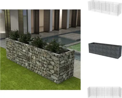 A gabion planter filled with plants sits on a lawn next to a modern building with a pool.
