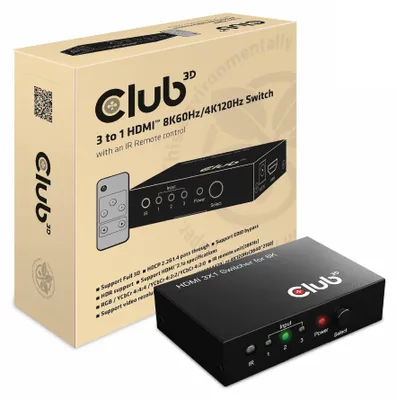 Produktbild von CLUB3D HDMI™ 3 auf 1 Umschalter 8K60Hz/4K120Hz Umschalter, 7680 x 4320 Pixel, 8K Ultra HD, Schwarz