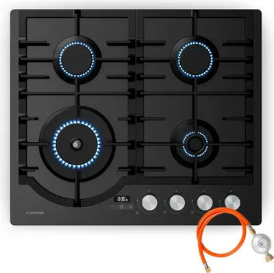 Image de Klarstein Ignito Plaque de Cuisson Gaz, 4 Brûleurs Aluminium, 8000W, Minuterie, Sécurité Flamme, Fonte, Allumage Électrique, 60x51cm, Plaque Gaz GPL & Naturel, Noir