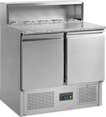 Produktbild von Pizzatisch PIZ 900 aus Edelstahl mit Granitplatte, Kühlwanne, 2 Türen, 900x700x1100 mm