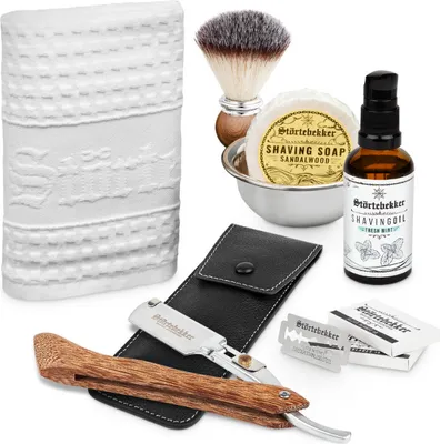 Produktbild von Störtebekker Rasurpflege Set Premium - Rasiermesser Holzgriff & Leder-Etui (Schwarz), Rasierpinsel, Rasierschale, Rasiertuch, Rasieröl & Rasierseife