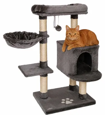 Immagine prodotto di tiragraffi lionto 93 cm con grotta, abbeveratoio, palla da gioco e paletti in sisal, albero per gatti compatto, grigio scuro