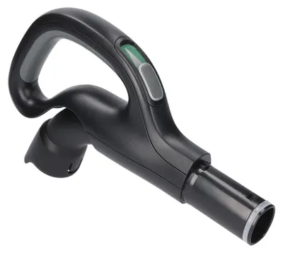 A black vacuum cleaner hose handle with gray and green accents, isolated on a white background.