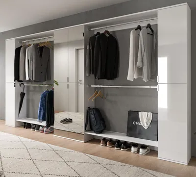 Produktbild von Garderobenschrank mit Spiegeltür "SystemX" in weiß Hochglanz Schuhschrank 341 x 193 cm