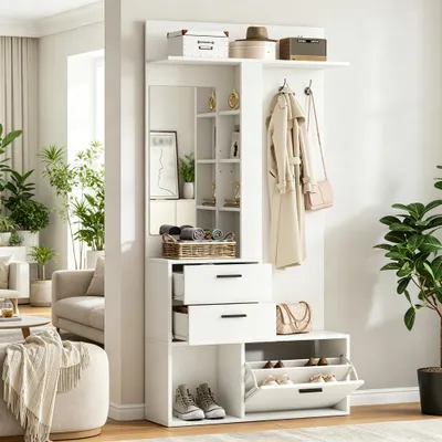 Obrázok produktu pre Skriňa s celotielovým zrkadlom, 90x30x180 cm, biela, vyrobená z MDF, s 2 zásuvkami, 3 háčikmi a odkladacím priestorom na topánky, vhodná do predsiene a spálne