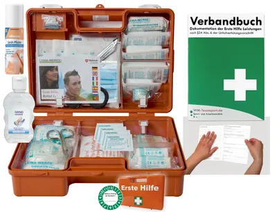 Produktbild von Verbandskoffer / Verbandskasten (M) Typ CS - Erste Hilfe nach aktueller DIN 13157 für Betriebe INKL. PERF. VERBANDBUCH + Hygiene-Gel, Sprühpflaster