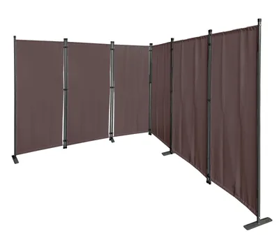 A brown fabric room divider with metal poles, set up in a curved configuration against a white background.